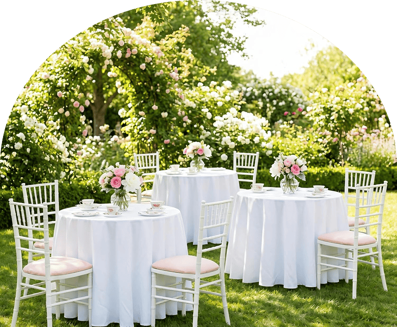 Charming garden tea setup with floral arrangements.