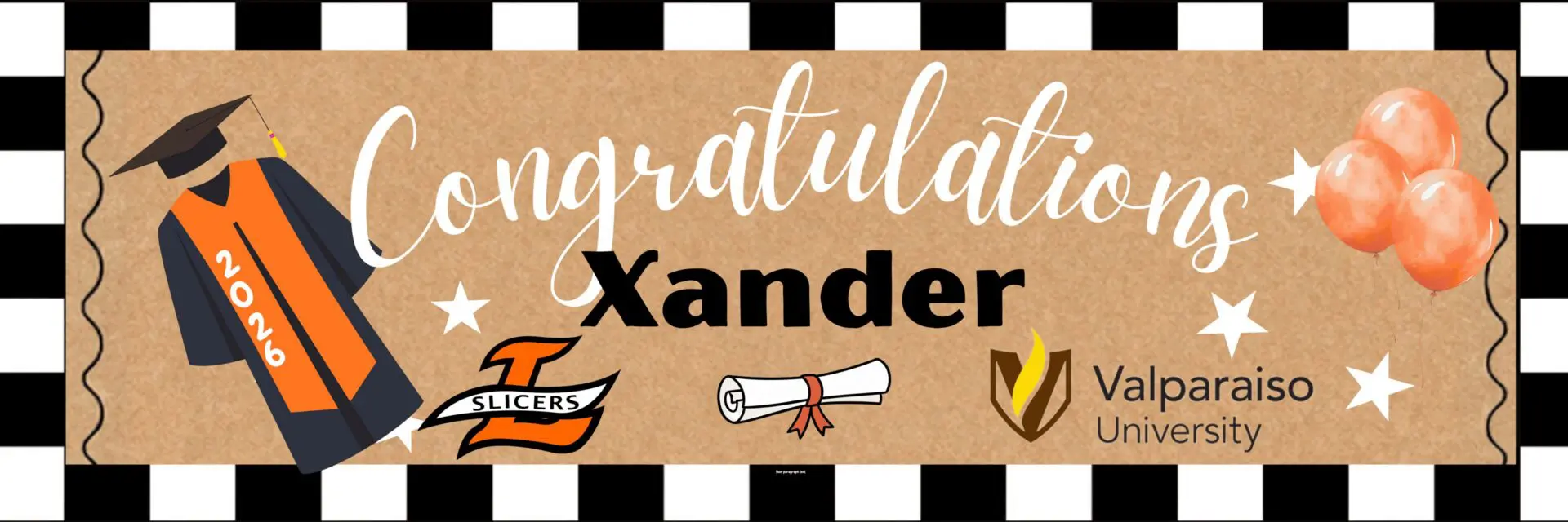 Graduation banner celebrating Xander's achievement.