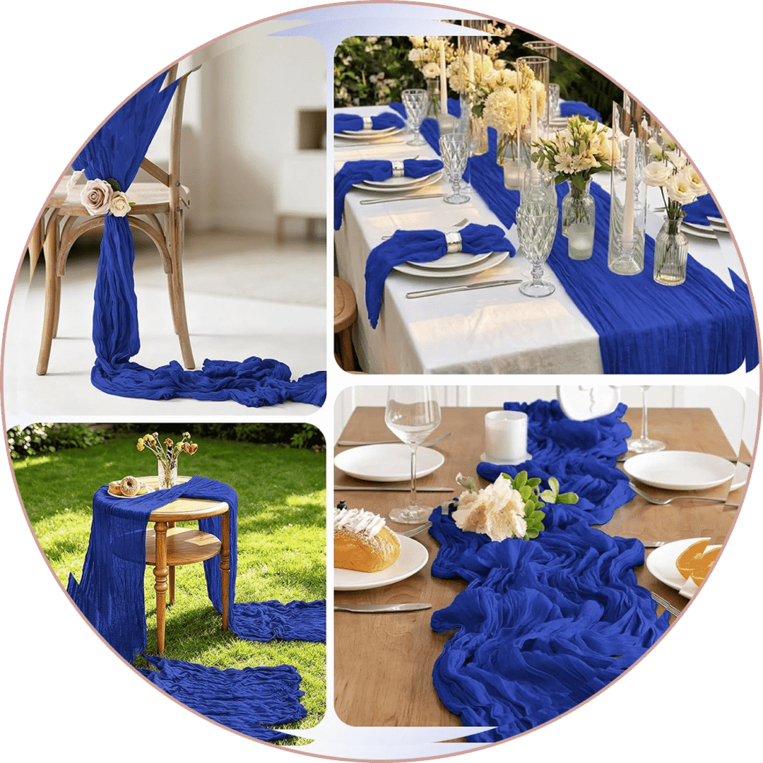 Elegant blue table runners and floral arrangements.
