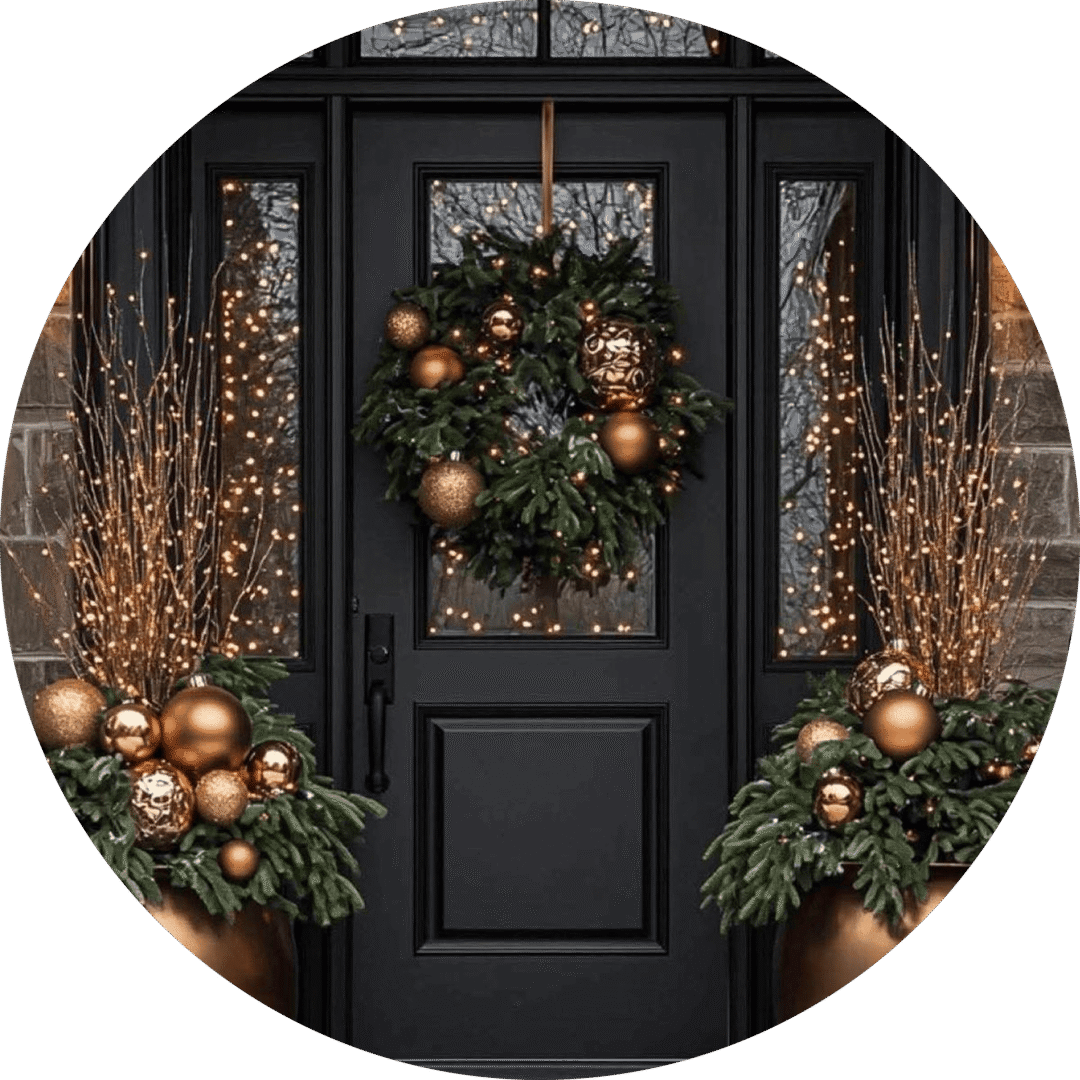 Festive entrance with wreath and golden accents.