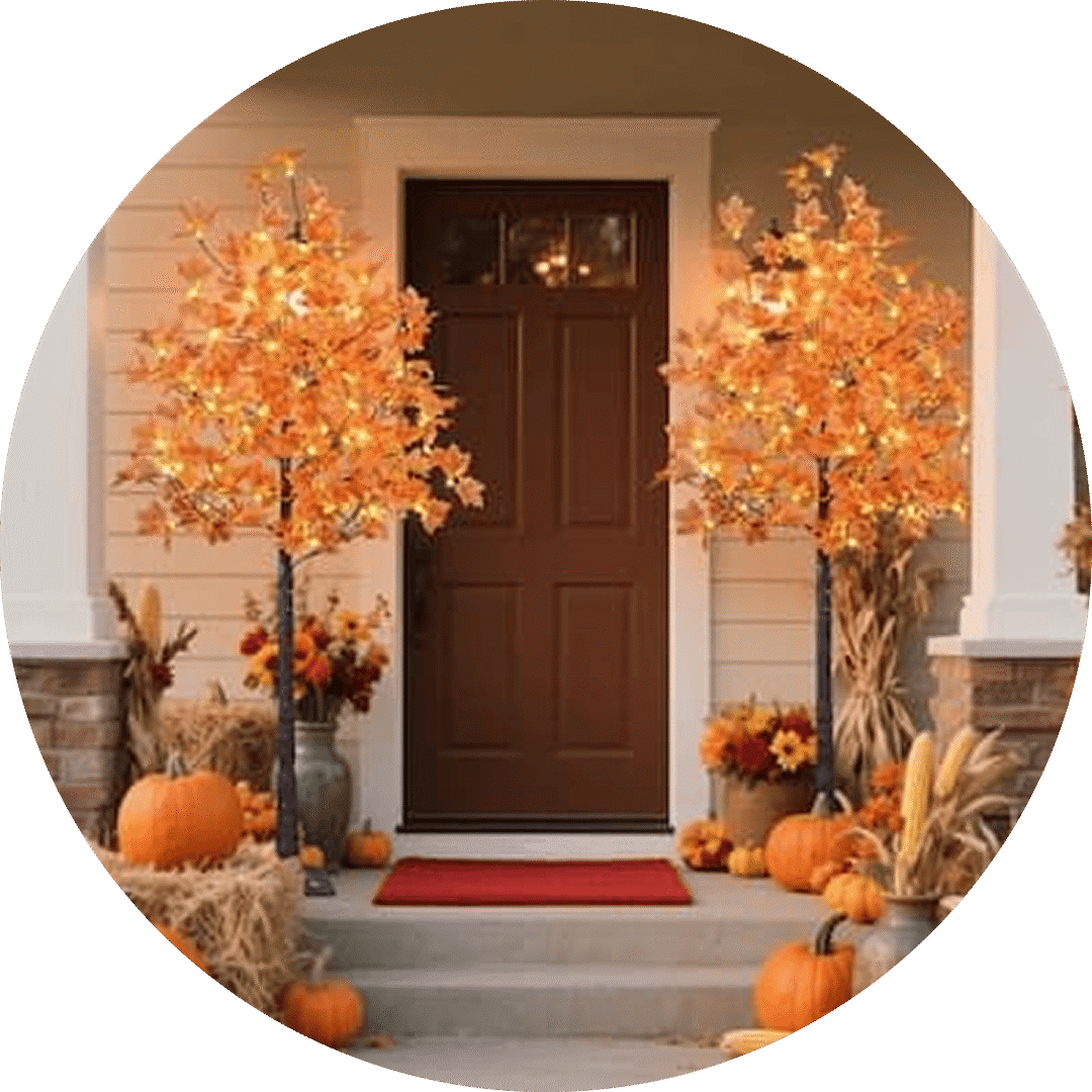 Festive autumn entrance with pumpkins and lights.