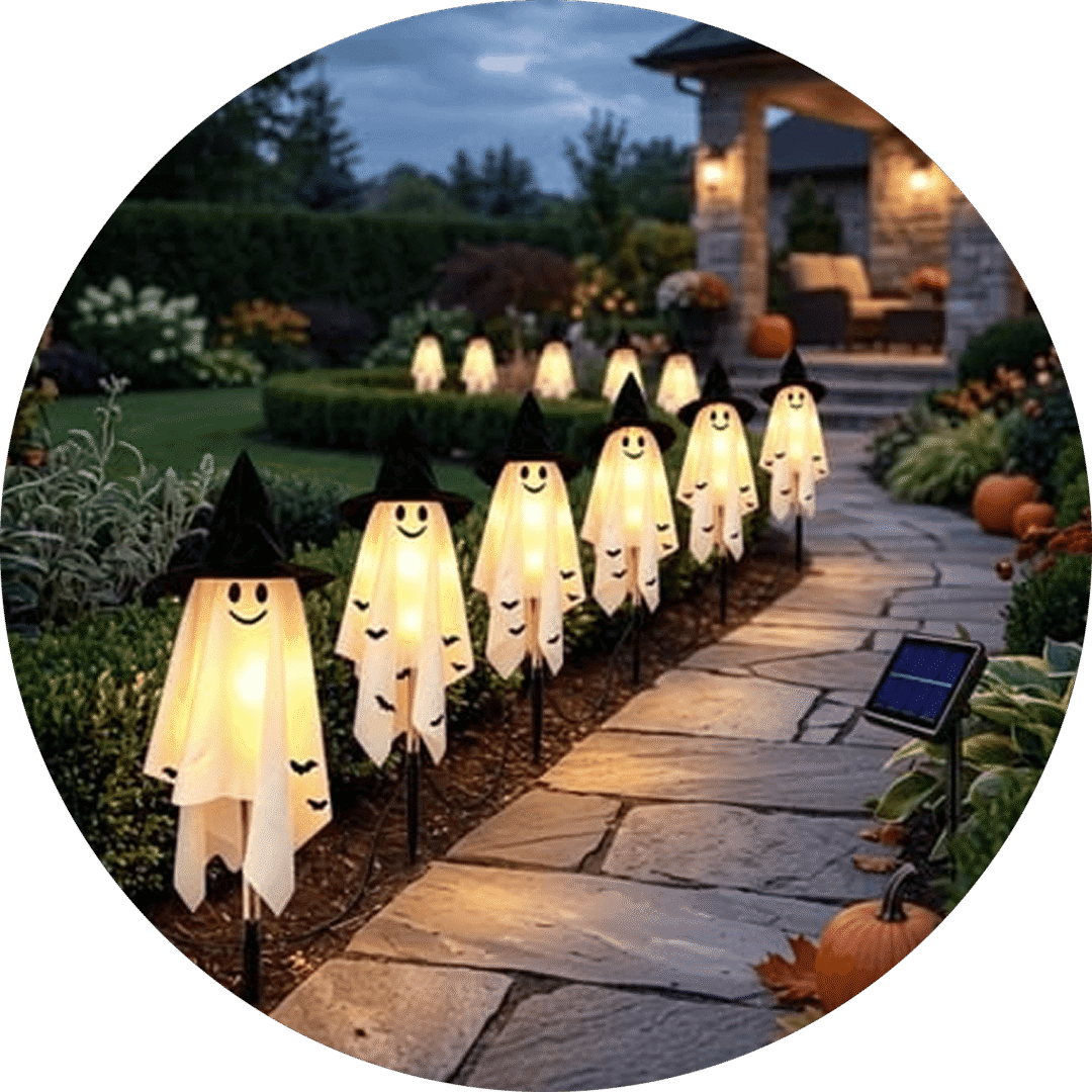 Festive pathway lined with cheerful ghost lights.
